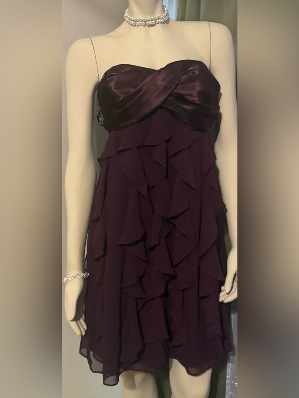 Xscape Strapless Ruffle Midi Dress in Plum